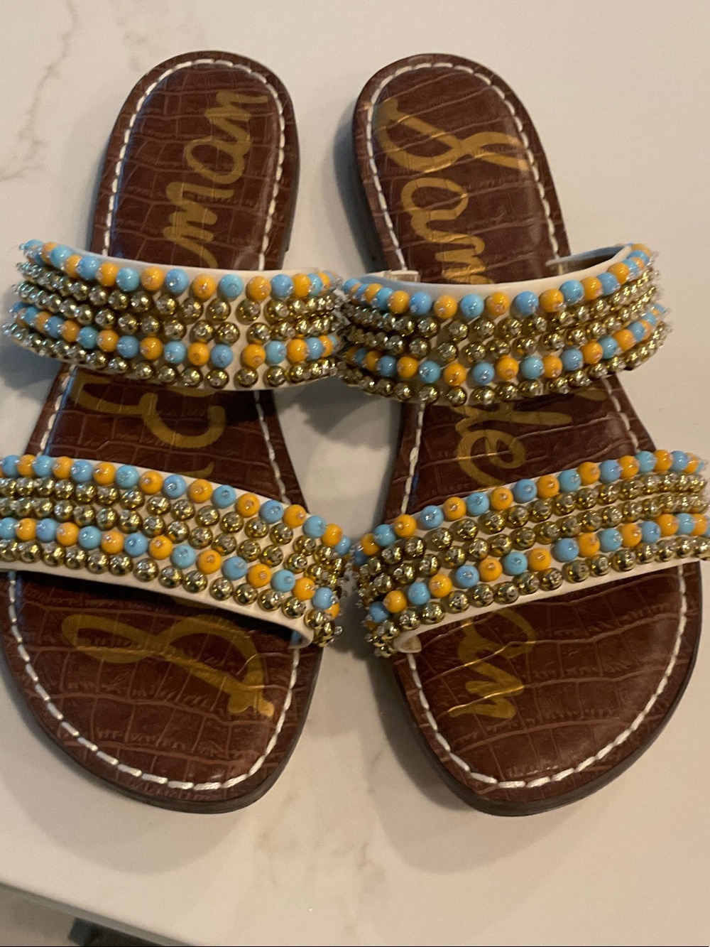 Sam Edelman White Slide Sandals with Blue, Yellow & Gold Beads